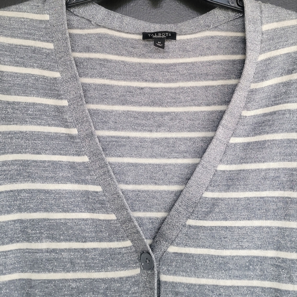Talbots Gray White Striped Button Front Cardigan M - image 3